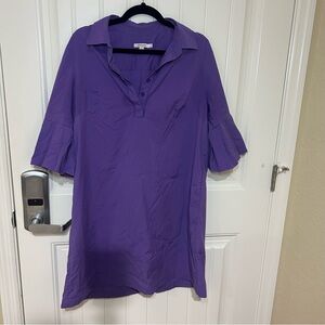 Chico’s Purple Pleated Ruffle Short Sleeve Shift Dress Size 12